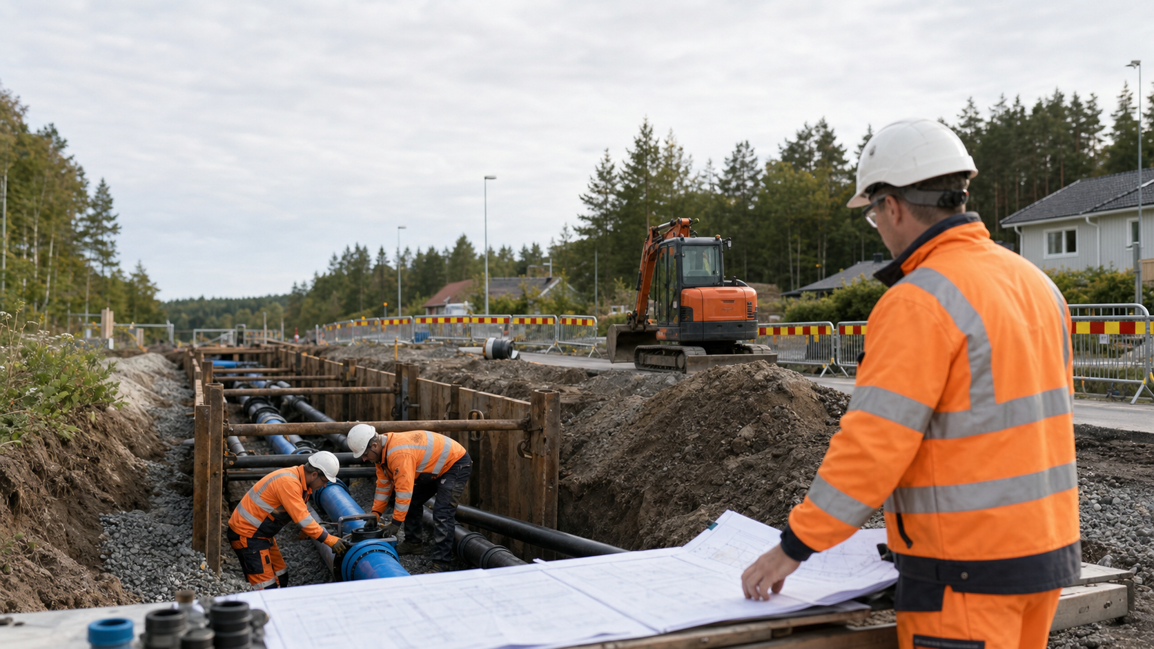 VA-projekt med schaktstöd, rörläggning och gemensam kvalitetskontroll på arbetsplatsen