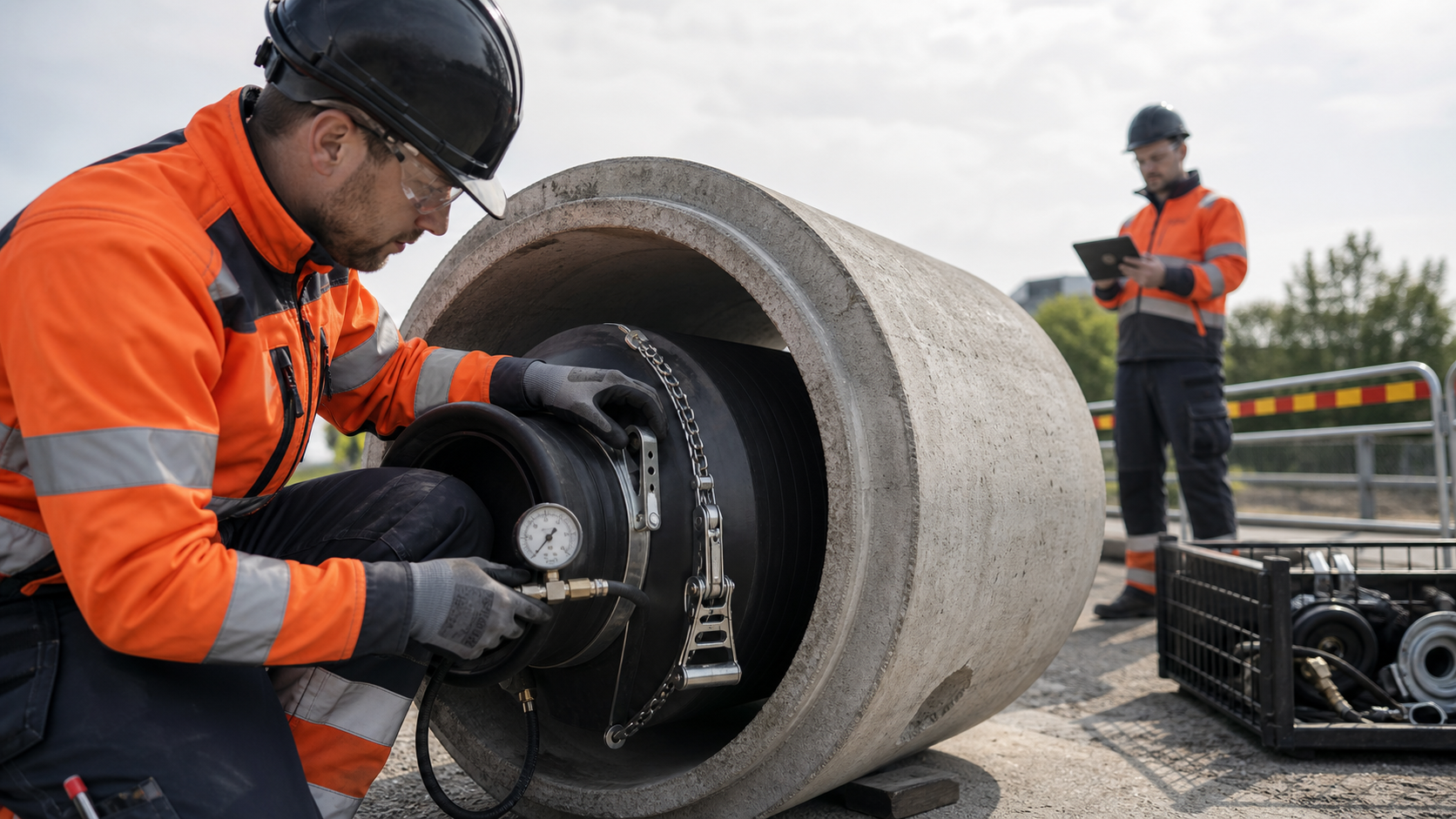 Tekniker kontrollerar rörpropp, manometer och säkring före ett VA-arbete