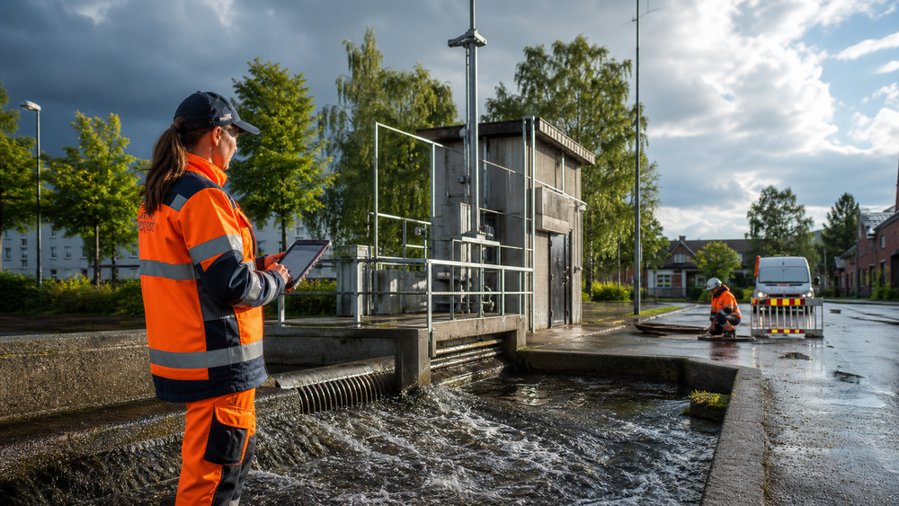 VA-tekniker övervakar dagvatten och pumpstation efter ett kraftigt sommarregn