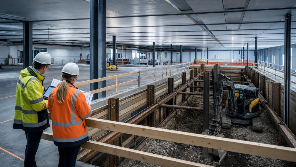 Planering av säker inomhusschakt med spont, låg bygghöjd och kompakt grävmaskin