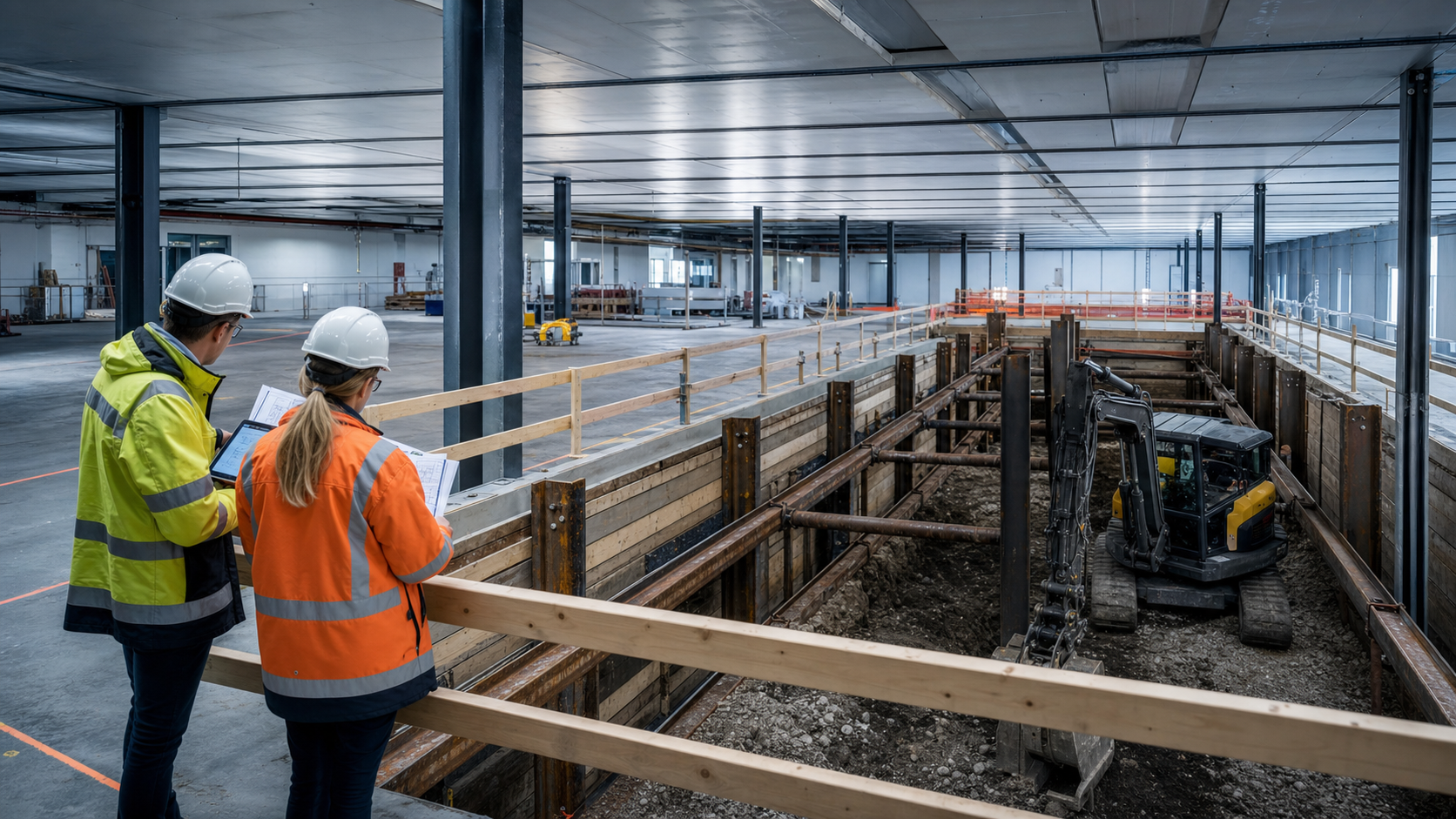 Planering av säker inomhusschakt med spont, låg bygghöjd och kompakt grävmaskin