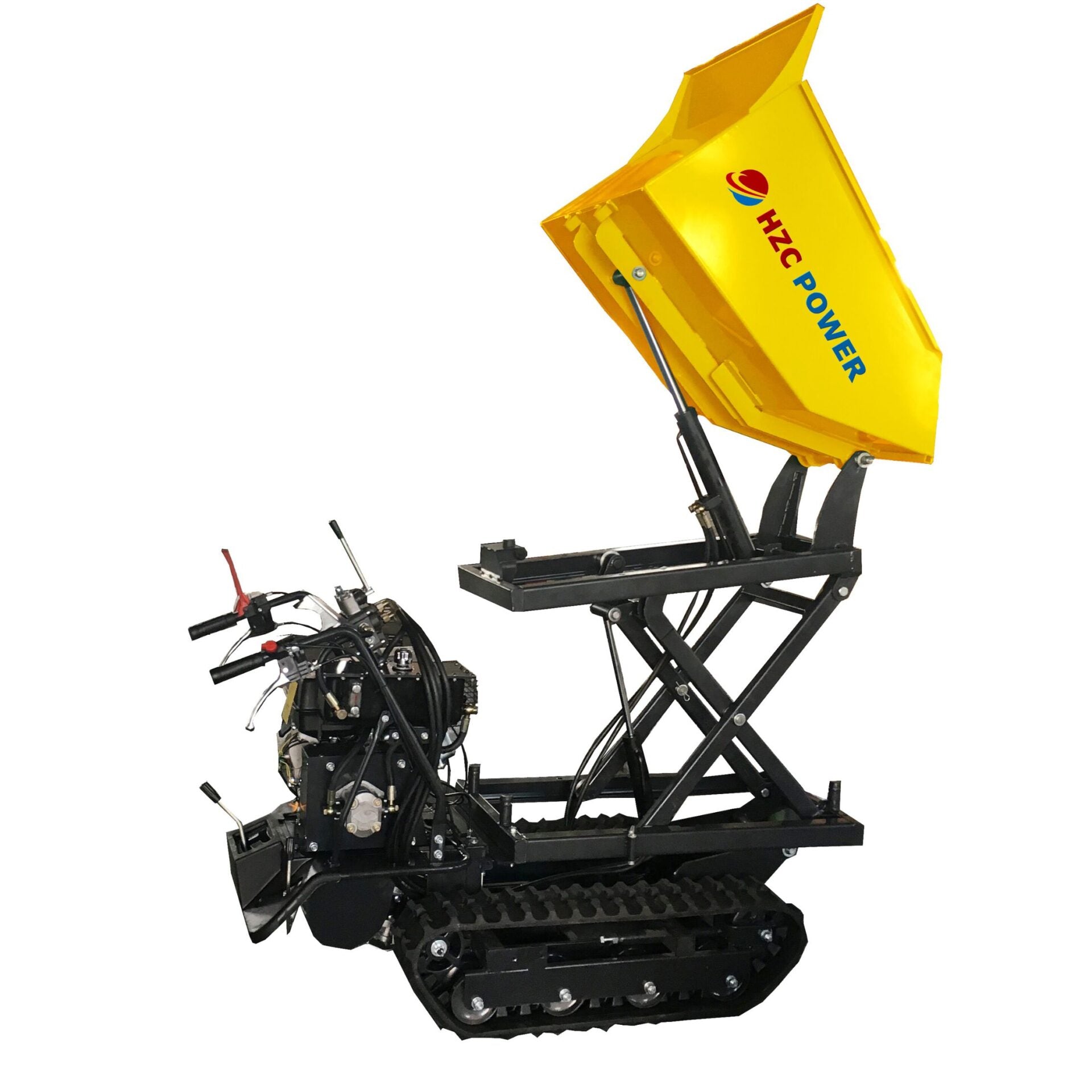 Minidumper, hydraulisk tippmekanism, hydraulisk flak med högtippningssystem, förarplattform, banddrift, 10 hk bensinmotor (MDK500HKSH)