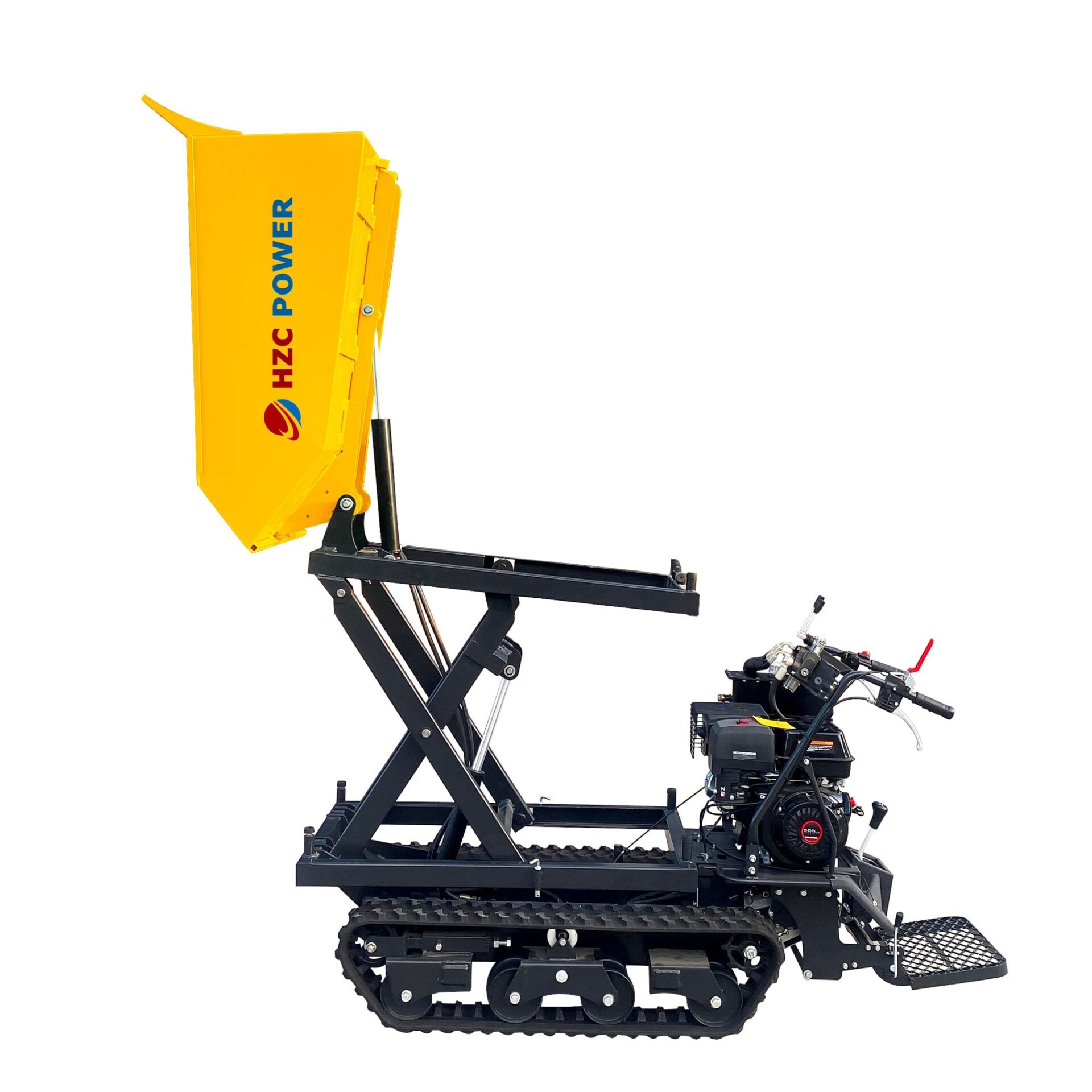 Minidumper, banddriven dumper, 1 000 kg lastkapacitet, hydraulskopa med högtippningssystem, förarplattform, banddrift, 13 hk bensinmotor (MDK1000HKSH)